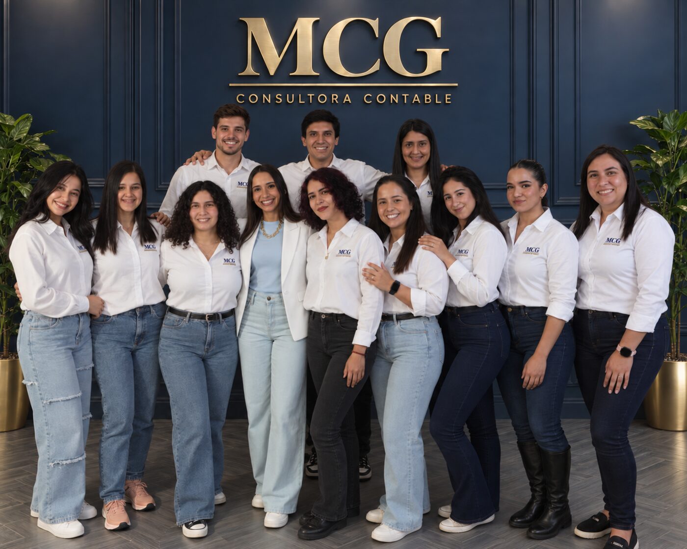 Equipo de MCG Consultora Contable y Tributaria junto a Cristina Rolón en las oficinas del estudio contable en Asunción, Paraguay